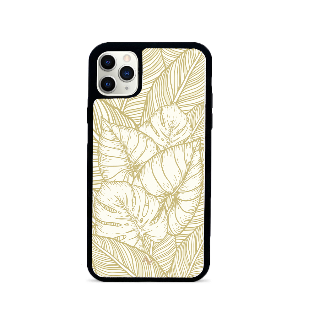 MAAD Tropical Plants leather case for iPhone 11 Pro Max, featuring saffiano leather and customizable monogram options.